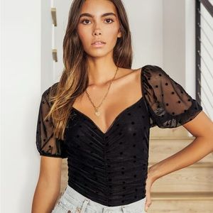 Lulu’s Black Polka Dot Mesh Ruched Puff Sleeve Bodysuit